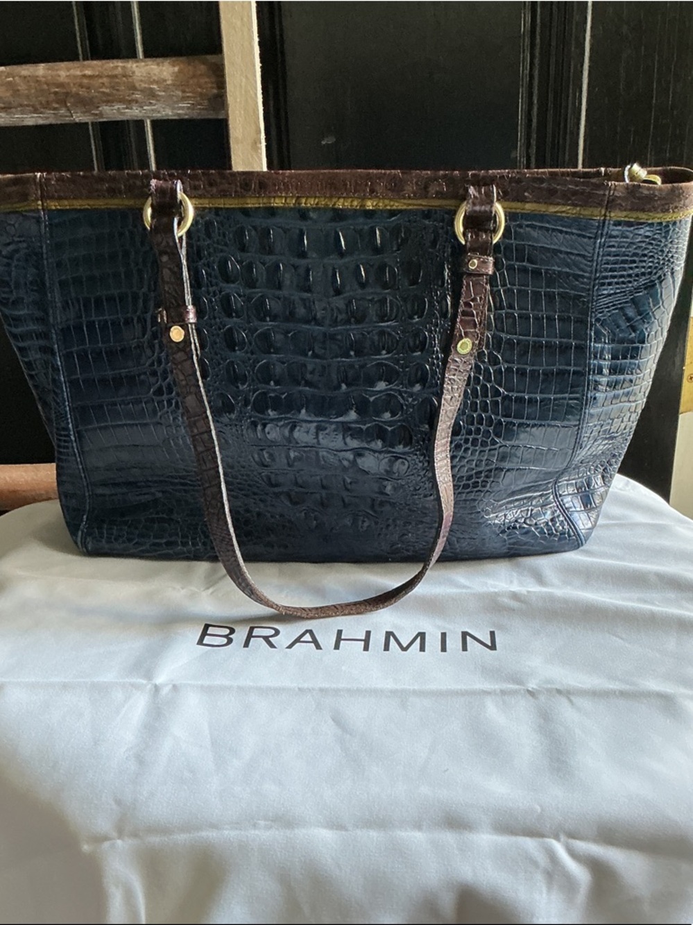 Brahmin Navy Croc-Embossed Tote with Brown Trim and Gold Hardware - Picture 3 of 9